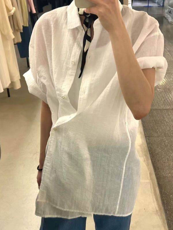 短袖長款襯衫 韓流行女裝,設計師女裝,女裝,襯衫,棉織,無袖襯衫,單品,無袖上衣,棉質上衣,中性,極簡,廂型,歐美