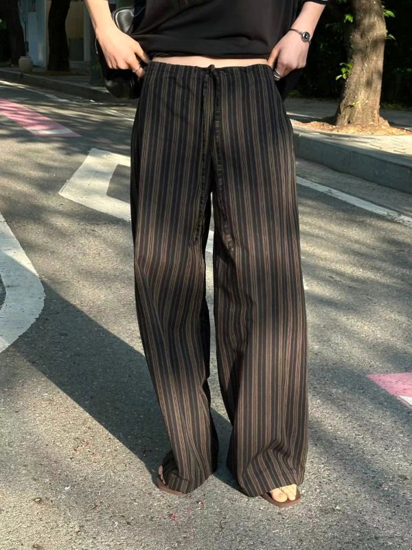 條紋鬆緊帶棉褲 日韓系,韓流行女裝,寬褲,休閒褲,條紋褲,下身,全長,條紋花色,休閒褲,長褲,棉褲,條紋褲,鬆緊帶