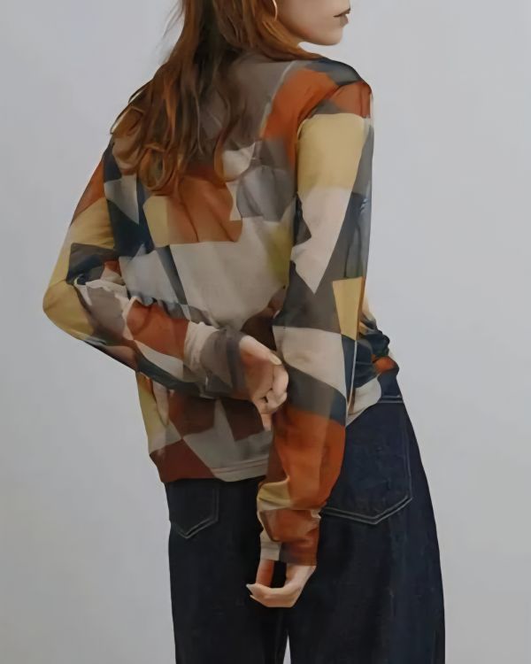 幾何美學網紗上衣 日韓流行女裝,大地色,秋冬,幾何,歐美,印花上衣,網紗上衣,必備,秋上衣,透明,長袖內搭,網紗,