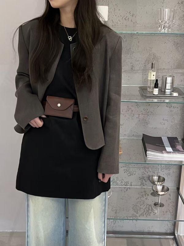 圓領單排西裝 日系,韓流行女裝,西裝,仿麻,夏季西裝,平織,外套,西裝外套,上班族,極簡,棉麻西裝,圓領外套,單排西裝,墊肩