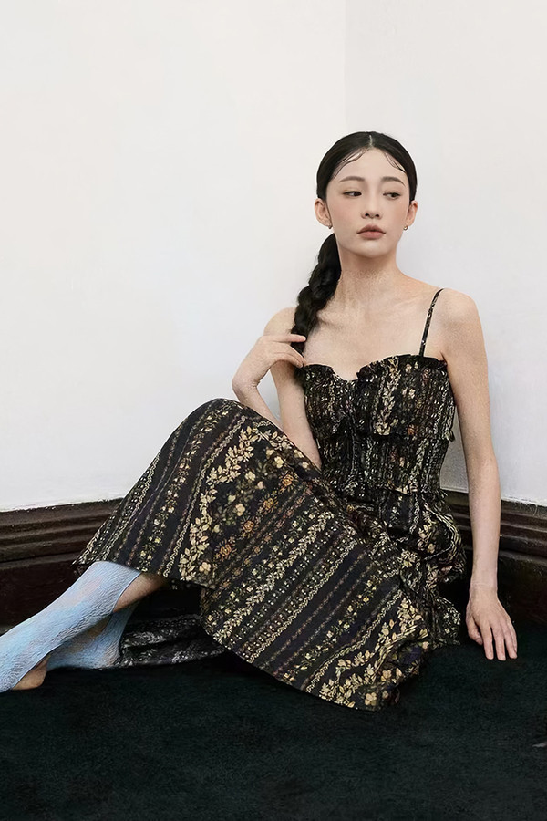 印花吊帶洋裝 日韓系,韓流行女裝,純棉,洋裝,碎花洋裝,吊帶洋裝,全長,印花,長洋裝,渡假風,