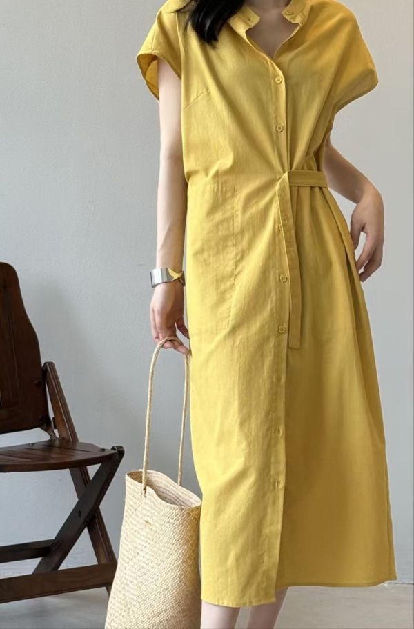 寬鬆蓋袖洋裝 韓流行女裝,設計師女裝,女裝,洋裝,休閒洋裝,夏季洋裝,單品,蓋袖洋裝,繫腰帶,涼感素材,明亮色,腰身,棉麻洋裝