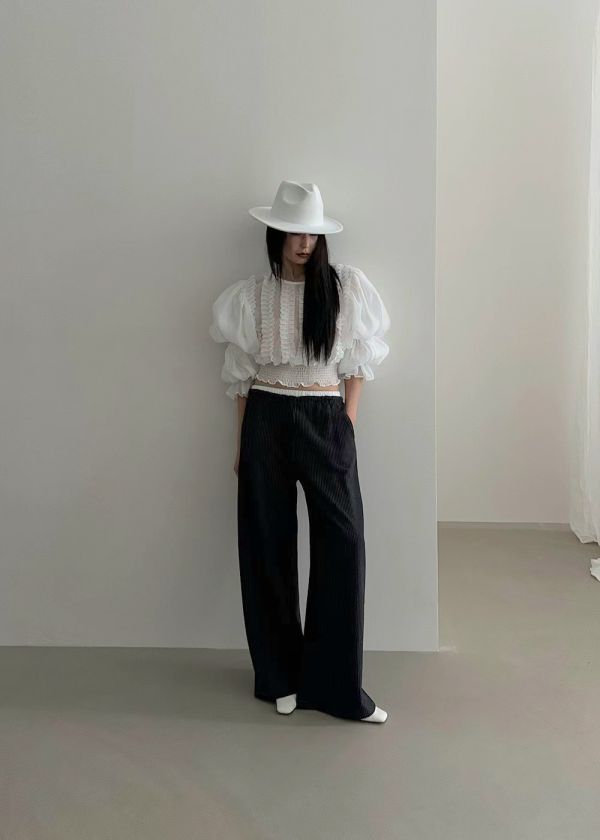 白褲頭條紋西褲 日系女裝,韓流行女裝,西裝褲,長褲,寬褲,春夏,條紋,低腰,色塊,拼接,休閒,個性,內褲頭