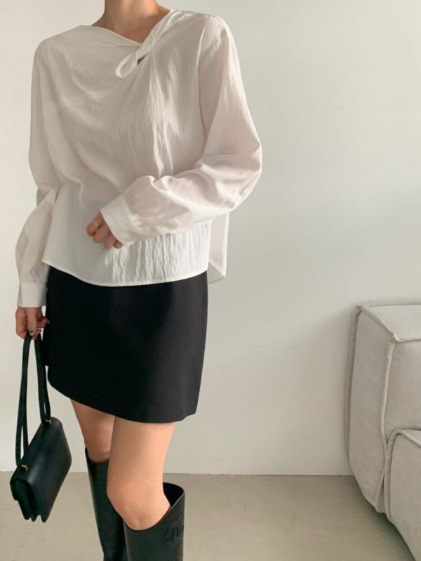 領扭結上衣 日系,韓流行女裝,復古,長袖上衣,上班族,紐結,上衣,薄上衣,正式,襯衫,