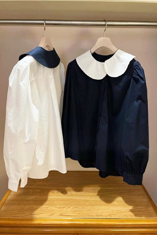 錯領蓬袖襯衫 日系,韓流行女裝,棉質襯衫,復古襯衫,大領片,Aline,棉質,,復古,寬鬆,撞色,古典,公主袖,蓬袖