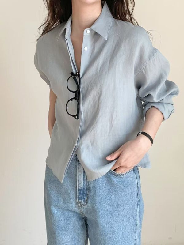亞麻短版襯衫 日韓流行女裝,彩色,寬襯衫,麻質襯衫,oversized,歐美流行,帥氣,基本款,必備,薄麻,防曬,短罩衫,短版襯衫,亞麻襯衫
