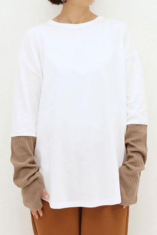 寬鬆袖套棉Tee 日系,韓流行女裝,棉質上衣,拼布,袖套,拼接上衣,棉質,Ｔ恤,撞色,打底上衣,寬鬆,休閒