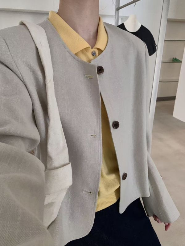 圓領單排西裝 日系,韓流行女裝,西裝,仿麻,夏季西裝,平織,外套,西裝外套,上班族,極簡,棉麻西裝,圓領外套,單排西裝,墊肩