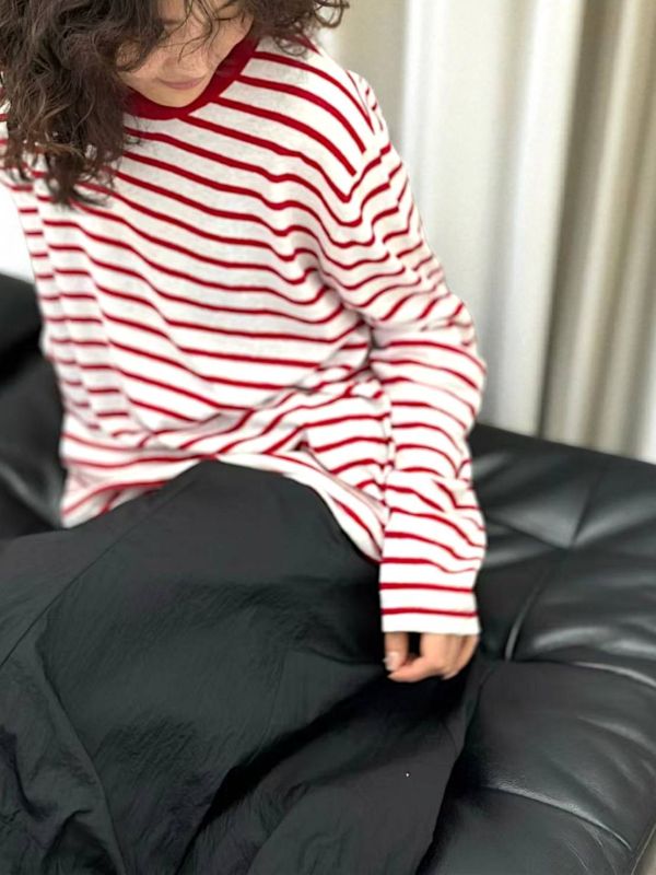 圓領條紋薄衫 日系,韓流行女裝,條紋上衣,棉麻上衣,條紋針織,針織,長袖針織,黃色條紋,紅色條紋,實用,基本款,中性,休閒風,