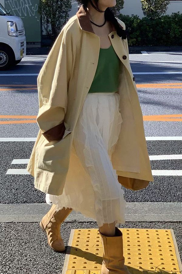 復古單排風衣 日系,韓流行女裝,風衣,中長風衣,春裝,平織,外套,復古,上班,學院風,小圓領,廓形,硬挺,撞色