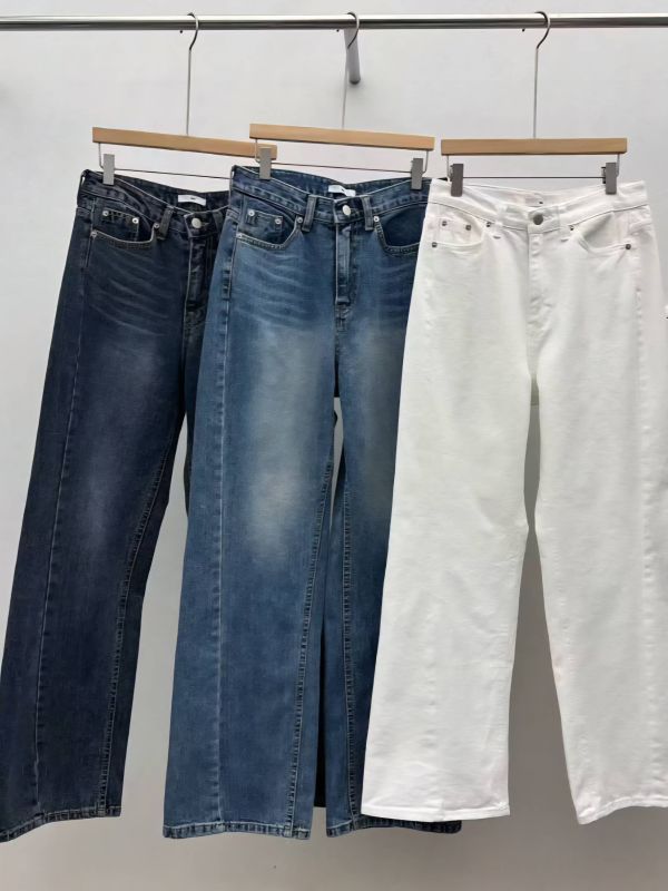 斜向裁剪牛仔褲 日韓系,韓流行女裝,寬直筒,休閒褲,下身,純棉牛仔,實用,長褲,全長牛仔褲,純棉牛仔褲,淺刷色