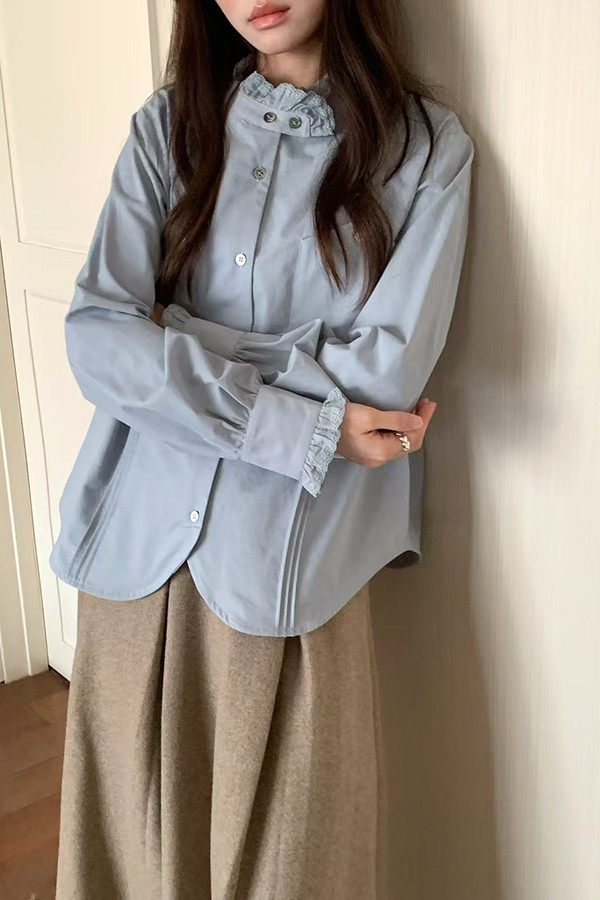 厚棉花邊襯衫 日韓流行女裝,厚棉襯衫,襯衫,荷葉襯衫,日系,韓國流行,文青,棉襯衫,必備,甜美,內搭,罩衫