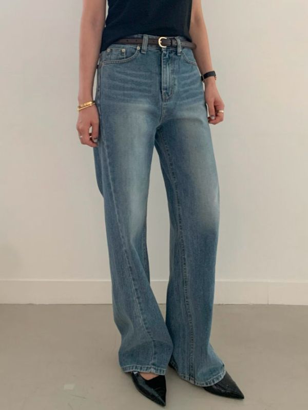 斜向裁剪牛仔褲 日韓系,韓流行女裝,寬直筒,休閒褲,下身,純棉牛仔,實用,長褲,全長牛仔褲,純棉牛仔褲,淺刷色