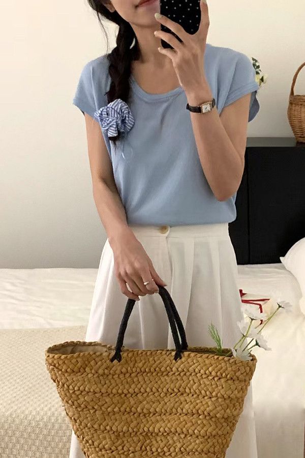 挖領蓋袖針織衫 日系,韓流行女裝,蓋袖,內搭,法式,針織上衣,合身上衣,基本款,彩色,冰涼紗,上班族