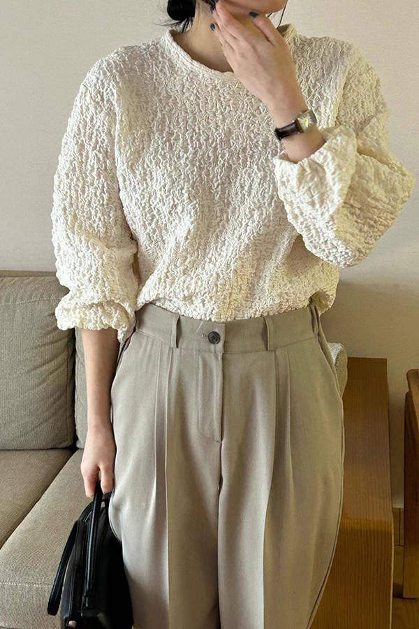皺棉圓領上衣 日韓流行女裝,圓領上衣,縐褶上衣,基本款,寬鬆,休閒,繭型,鬆緊帶,