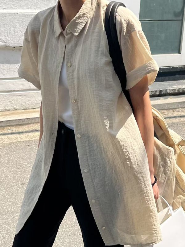 短袖長款襯衫 韓流行女裝,設計師女裝,女裝,襯衫,棉織,無袖襯衫,單品,無袖上衣,棉質上衣,中性,極簡,廂型,歐美
