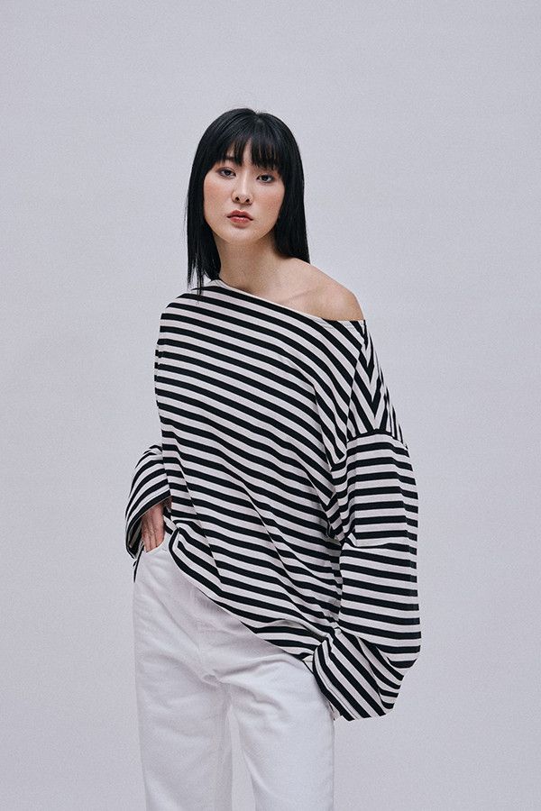 平領條紋上衣 韓流行女裝,設計師女裝,女裝,cutsew,棉織,tshirt,單品,Ｔ恤,長袖棉質上衣,條紋,中性,寬鬆
