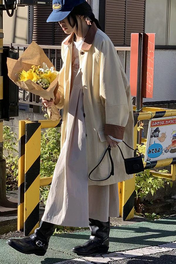 復古單排風衣 日系,韓流行女裝,風衣,中長風衣,春裝,平織,外套,復古,上班,學院風,小圓領,廓形,硬挺,撞色