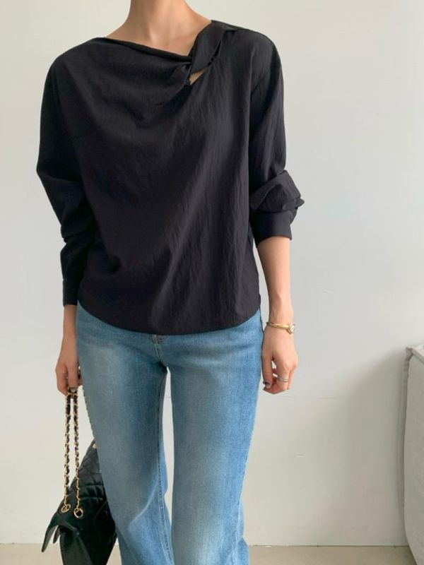 領扭結上衣 日系,韓流行女裝,復古,長袖上衣,上班族,紐結,上衣,薄上衣,正式,襯衫,