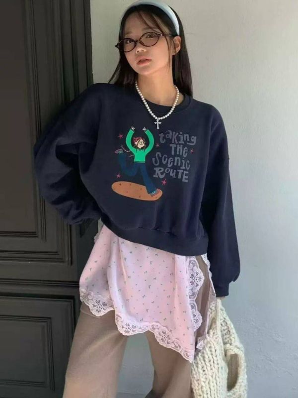 內磨毛短版童趣Ｔ 日系,韓流行女裝,保暖上衣,梭織,厚磨毛,大學Ｔ,卡通,實用,基本款,中性,休閒風,