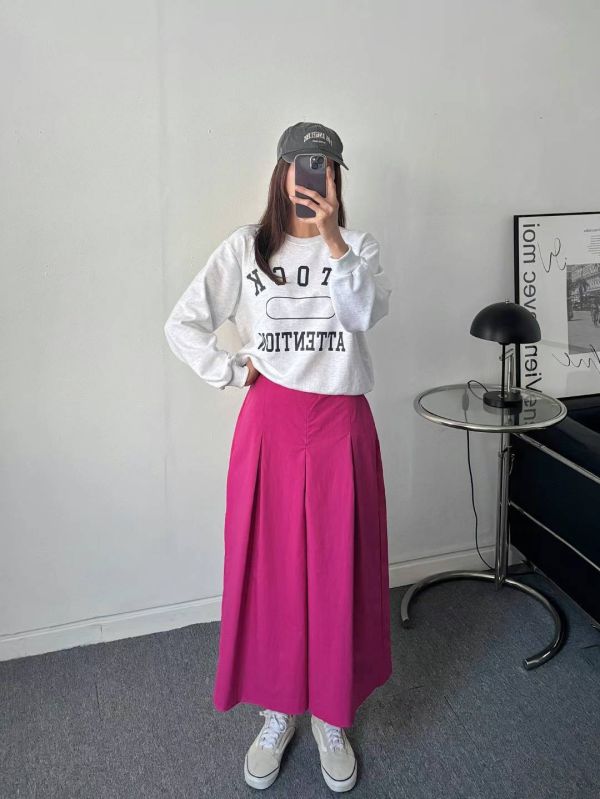 中長版打褶褲裙 日韓系,韓流行女裝,褲裙,寬褲,八分褲,打褶褲,春夏,法式風格,高腰,桃紅,下半身,修飾