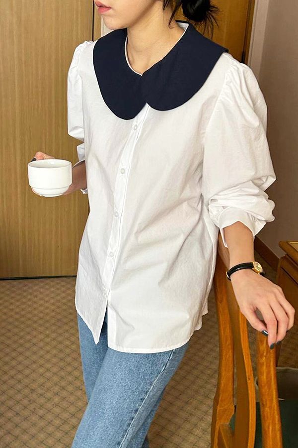 錯領蓬袖襯衫 日系,韓流行女裝,棉質襯衫,復古襯衫,大領片,Aline,棉質,,復古,寬鬆,撞色,古典,公主袖,蓬袖