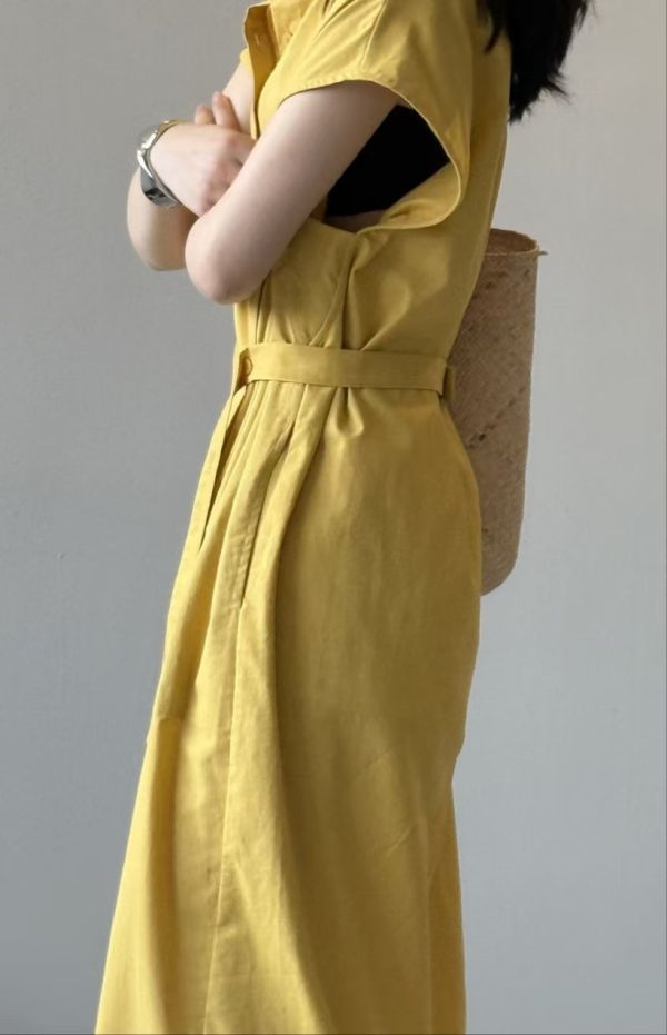 寬鬆蓋袖洋裝 韓流行女裝,設計師女裝,女裝,洋裝,休閒洋裝,夏季洋裝,單品,蓋袖洋裝,繫腰帶,涼感素材,明亮色,腰身,棉麻洋裝