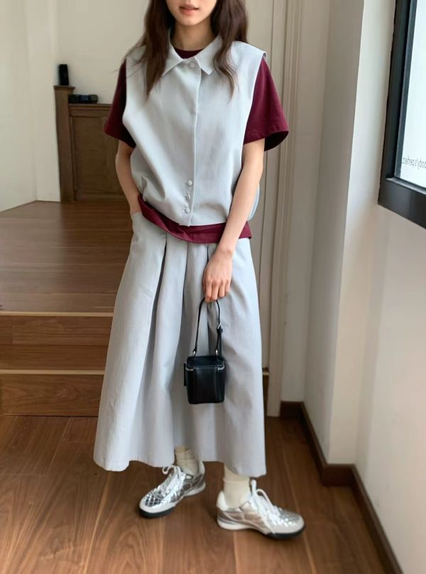 膝下散褶裙 韓流行女裝,設計師女裝,女裝,基本裙,春夏,過膝裙,經典,都會,單品,白裙,Ａ字裙,及膝裙,小香風,優雅