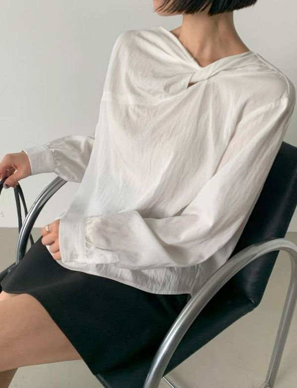 領扭結上衣 日系,韓流行女裝,復古,長袖上衣,上班族,紐結,上衣,薄上衣,正式,襯衫,