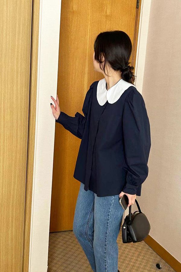 錯領蓬袖襯衫 日系,韓流行女裝,棉質襯衫,復古襯衫,大領片,Aline,棉質,,復古,寬鬆,撞色,古典,公主袖,蓬袖