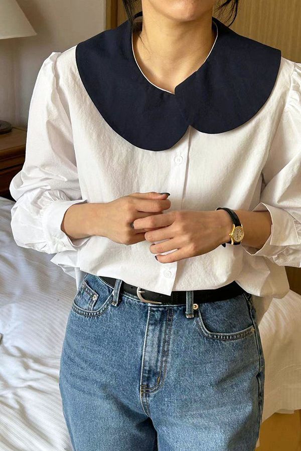 錯領蓬袖襯衫 日系,韓流行女裝,棉質襯衫,復古襯衫,大領片,Aline,棉質,,復古,寬鬆,撞色,古典,公主袖,蓬袖