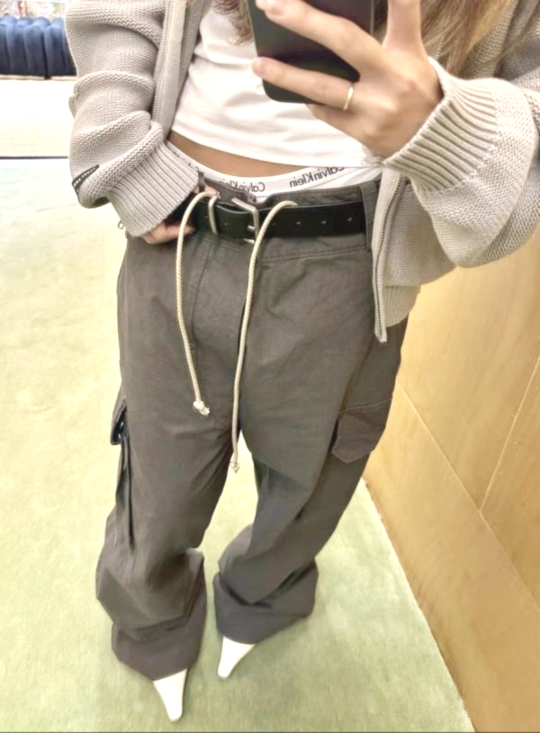 綁繩口袋工裝褲 日系,韓流行女裝,長褲,工裝褲,口袋,尼龍褲,亮面,帥氣,寬鬆,休閒,個性,長版,cargopants,石洗