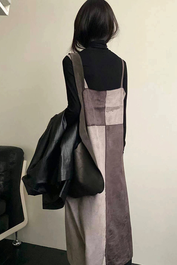 拼色吊帶洋裝 韓流行女裝,設計師女裝,女裝,設計感,秋冬,上班族,麂皮,秋冬洋裝,吊帶洋裝,拼接,背心洋裝,中性色,無袖洋裝,撞色洋裝