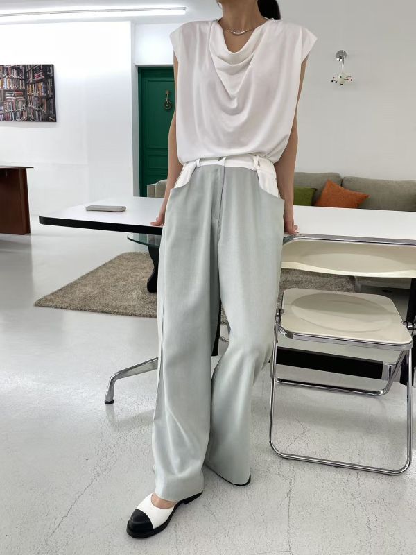 調節立褶長褲 日系女裝,韓流行女裝,麻褲,長褲,寬褲,春夏,混麻,低腰,色塊,拼接,休閒,個性