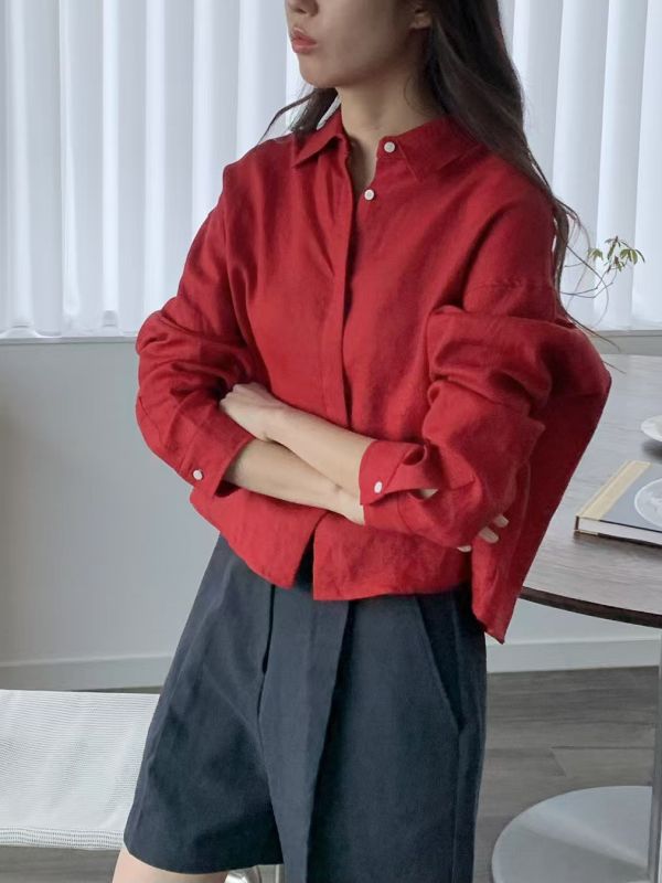 亞麻短版襯衫 日韓流行女裝,彩色,寬襯衫,麻質襯衫,oversized,歐美流行,帥氣,基本款,必備,薄麻,防曬,短罩衫,短版襯衫,亞麻襯衫