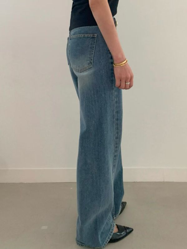 斜向裁剪牛仔褲 日韓系,韓流行女裝,寬直筒,休閒褲,下身,純棉牛仔,實用,長褲,全長牛仔褲,純棉牛仔褲,淺刷色