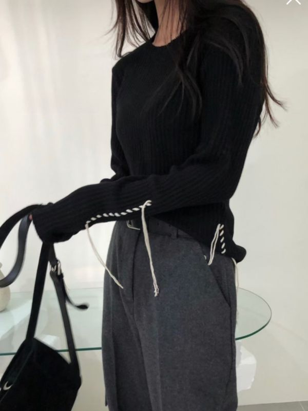 厚棉羅紋上衣 日系,韓流行女裝,針織衫,長袖上衣,法式,流蘇,毛邊,合身,羅紋,棉T,純棉,個性風