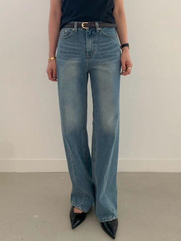 斜向裁剪牛仔褲 日韓系,韓流行女裝,寬直筒,休閒褲,下身,純棉牛仔,實用,長褲,全長牛仔褲,純棉牛仔褲,淺刷色