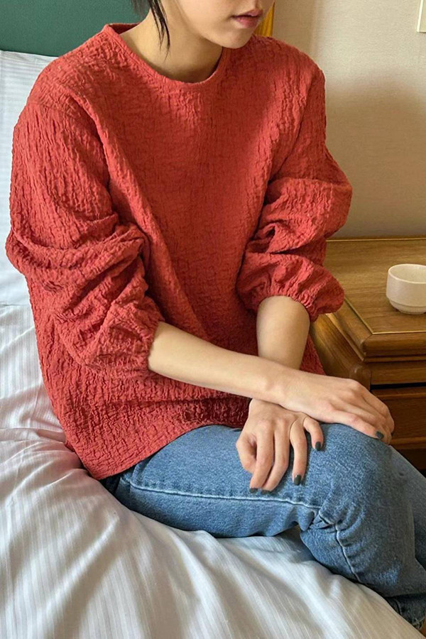 皺棉圓領上衣 日韓流行女裝,圓領上衣,縐褶上衣,基本款,寬鬆,休閒,繭型,鬆緊帶,