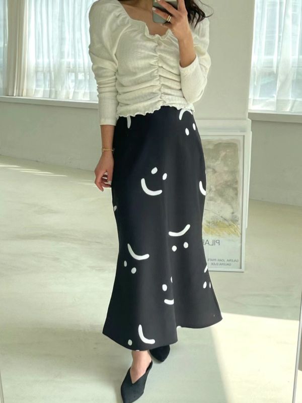 微笑魚尾裙 女裝,歐美流行,法式風格,印花,黑白,長裙,魚尾裙