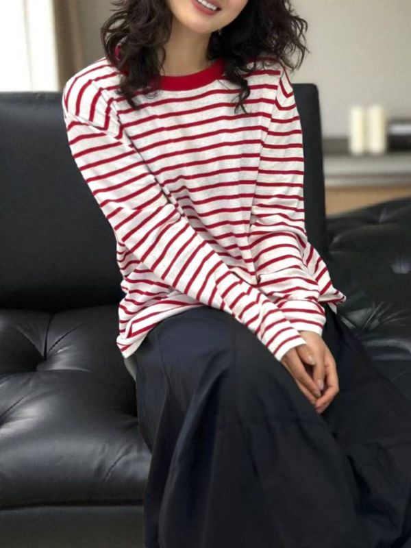 圓領條紋薄衫 日系,韓流行女裝,條紋上衣,棉麻上衣,條紋針織,針織,長袖針織,黃色條紋,紅色條紋,實用,基本款,中性,休閒風,