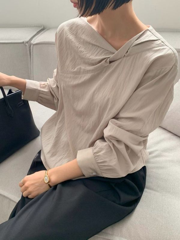 領扭結上衣 日系,韓流行女裝,復古,長袖上衣,上班族,紐結,上衣,薄上衣,正式,襯衫,