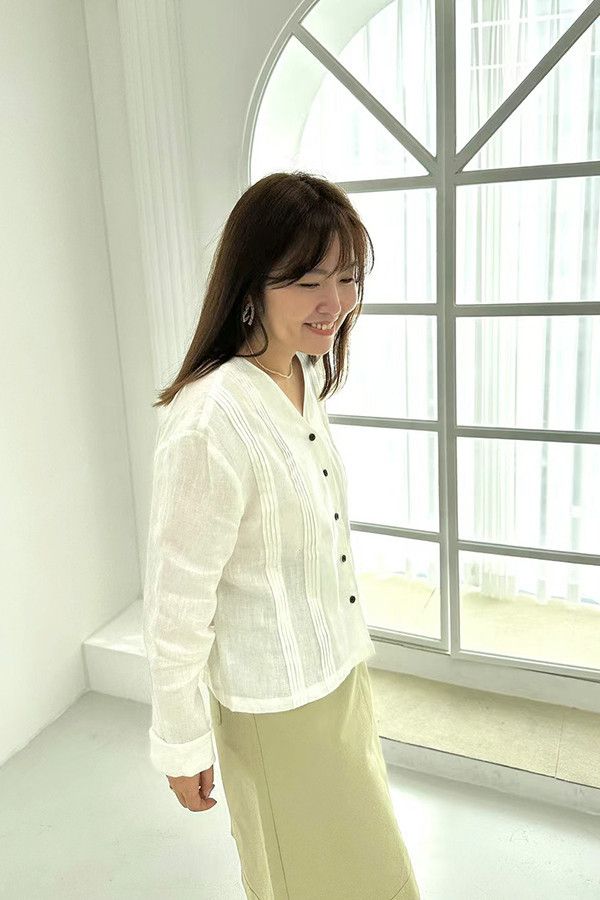 無領開釦麻質襯衫 日系,韓流行女裝,經典,長袖襯衫,法式,麻質上衣,無領襯衫,v領,開襟,典雅,古典
