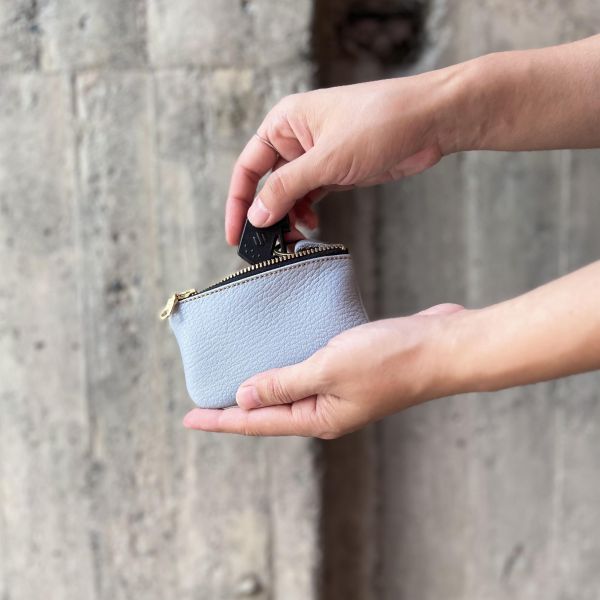 鹿皮拉鍊鑰匙包-灰藍 