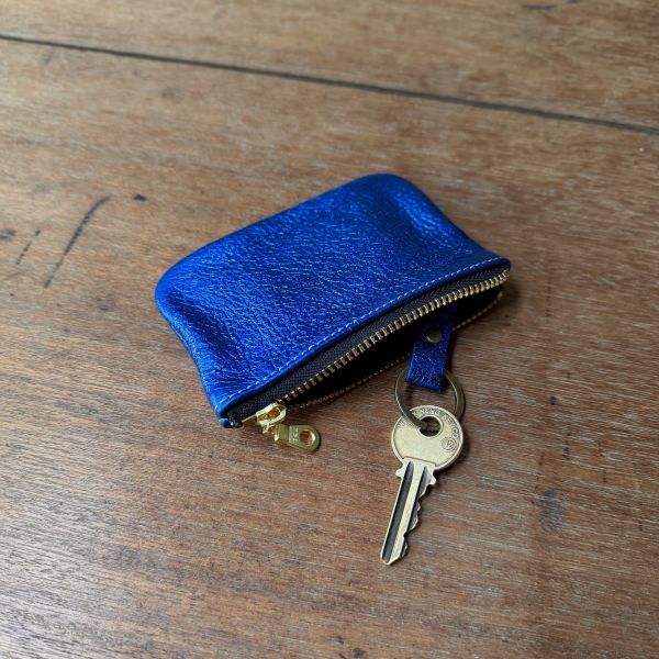 鹿皮拉鍊鑰匙包-金屬藍 
