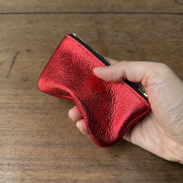 鹿皮拉鍊鑰匙包-金屬紅 