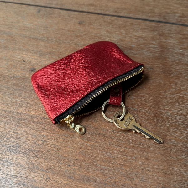鹿皮拉鍊鑰匙包-金屬紅 