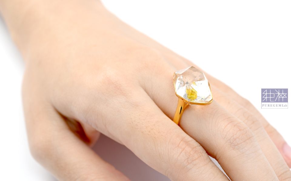 極稀有珍品 / 頂級天然特殊油膽與水膽共生雙尖水晶18K金戒 白水晶,Quartz,Rock Crystal,油膽,水膽,雙尖水晶