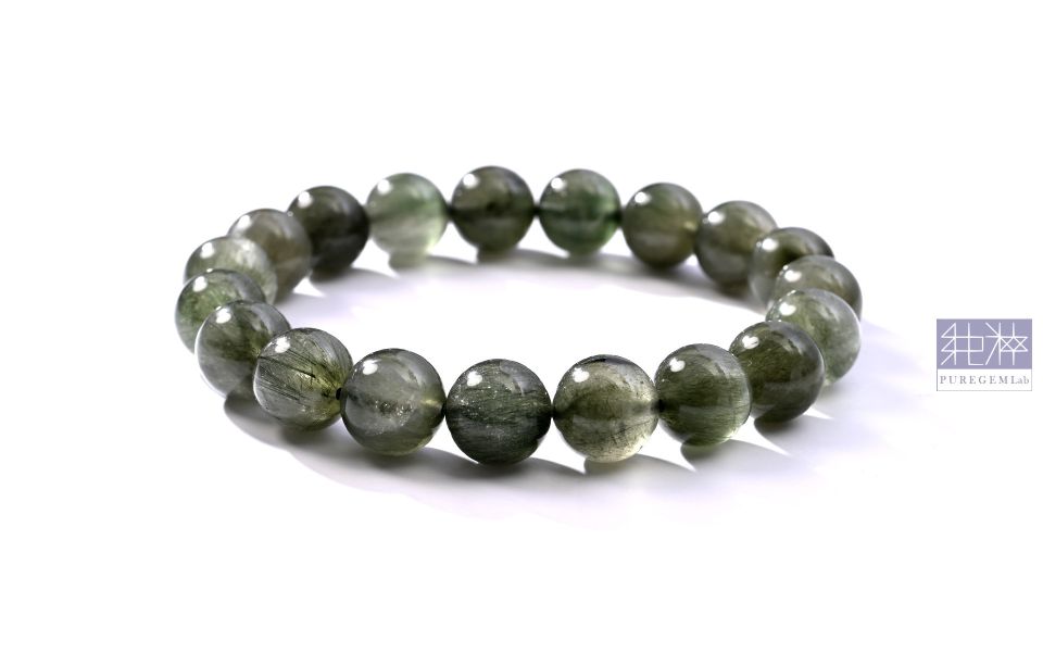 頂級天然抹茶濃綠色綠髮晶手珠 綠髮晶,綠兔毛髮晶,Quartz with Actinolite inclusions
