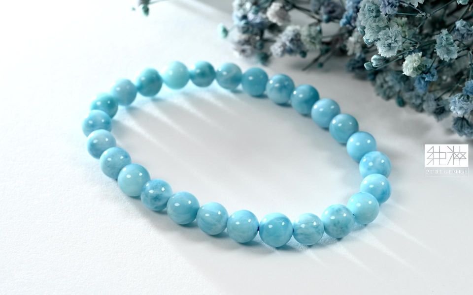 頂級天然微玉化濃郁拉利瑪手珠 拉利瑪,海紋石,Larimar,藍色針鈉鈣石,多明尼加共和國,亞特蘭提斯之石